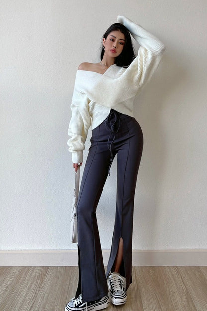 V-neck Crisscross Cold Shoulder Asymmetric Sweater