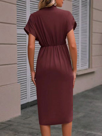 High-low Loose Knot Pleated Color Split-front V-neck Midi Dresses