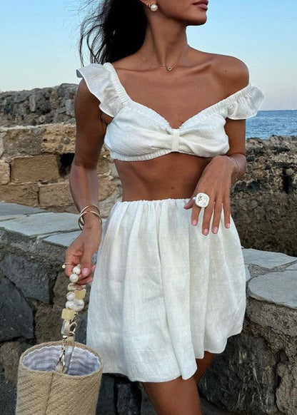 Isola Linen Ruffle Set – Two-piece Off-shoulder Crop Top & Skirt