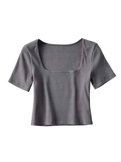 Square Neck Rib Crop T-shirt Short Sleeve Crop Top