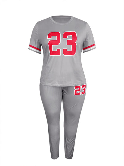 Summer Loose 2 Piece Set Letter Print Pocket Design Pants Set Short Sleeve