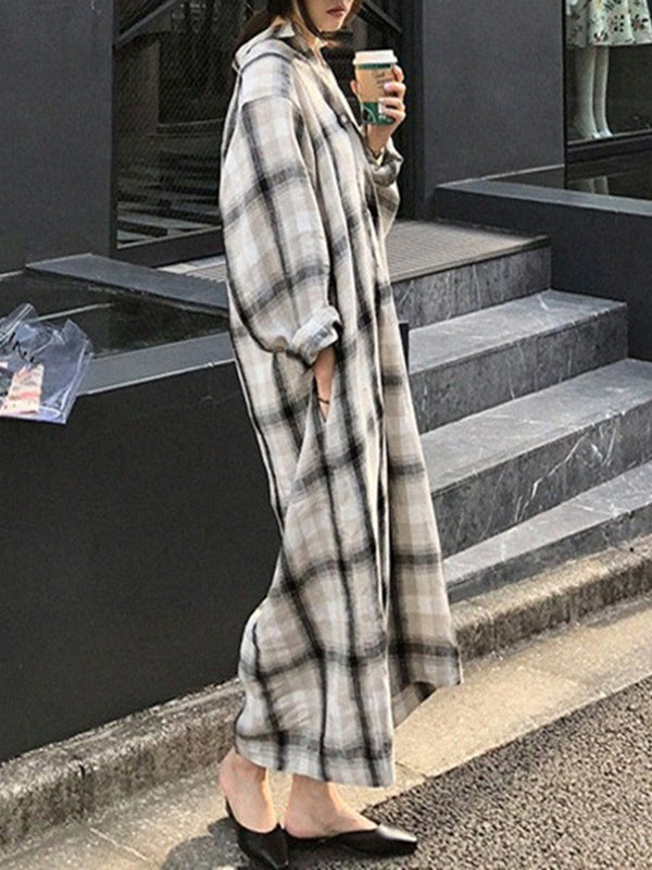 Long Sleeves Loose Plaid Split-joint Tied Waist Lapel Maxi Dresses Shirt Dress