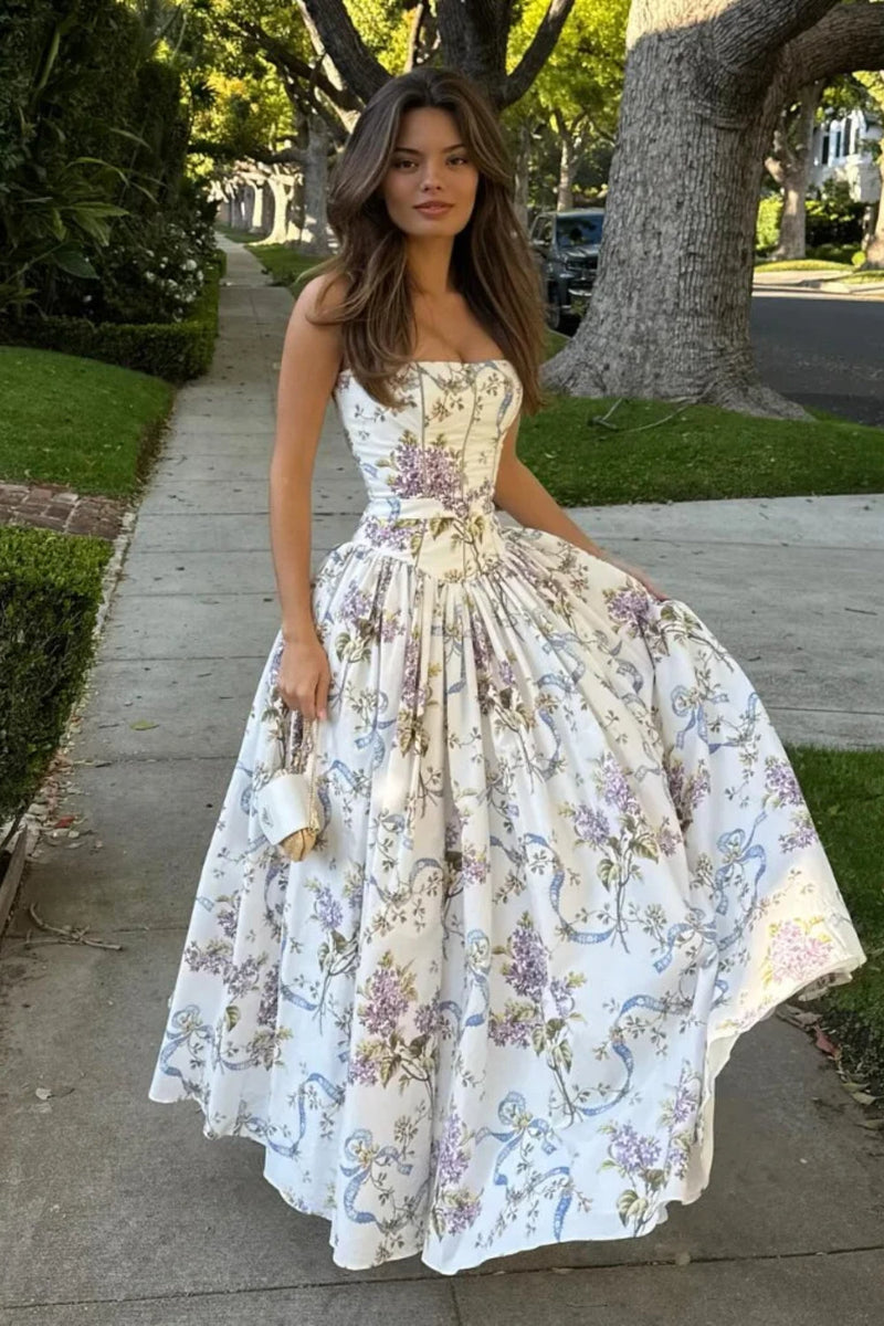 Rayon Printed Strap Pleated Maxi Dress