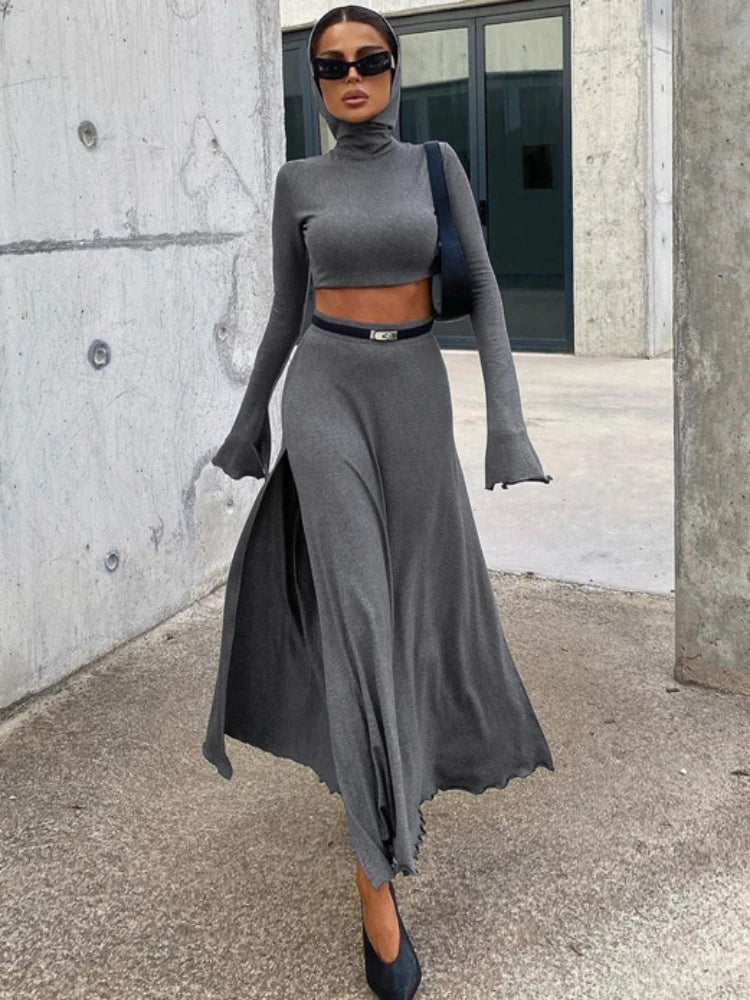 Loose Side Slit Skirt Two Piece Sets Outfits Dress Sets Short Long Sleeve Hoodies and Skirts Suit Femme