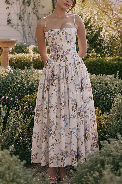 Moxidress Spaghetti Strap Print Bustier A-line Maxi Dress