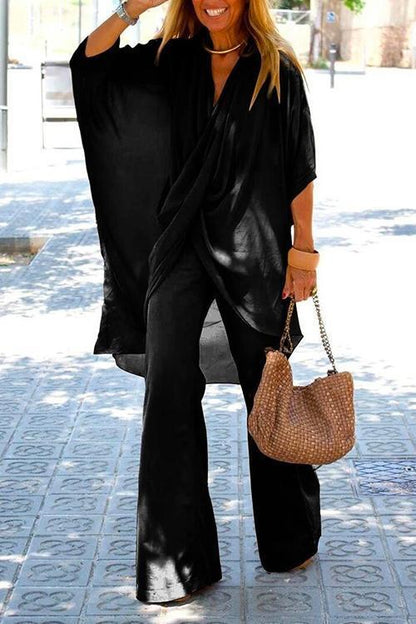 Moxidress Cross Front Batwing Top Wide Leg Pants Cotton Linen Set