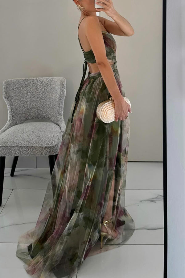 ' Summer Princess Chiffon Printed Hollow Waist and Back Lace Up Long Dress