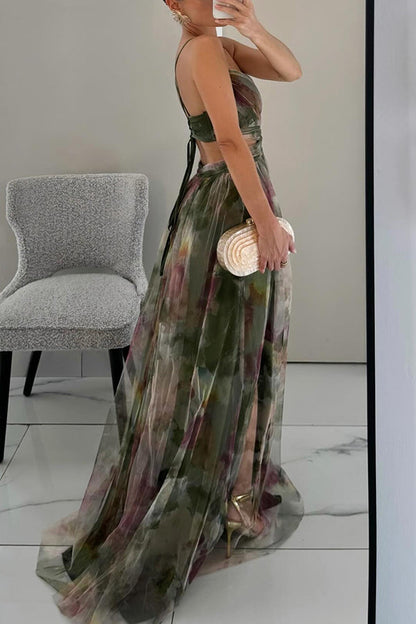 ' Summer Princess Chiffon Printed Hollow Waist and Back Lace Up Long Dress