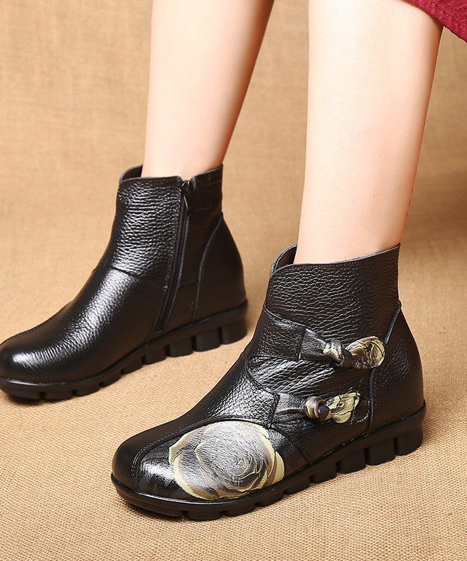 Splicing Flats Ankle Boots Black Cowhide Leather