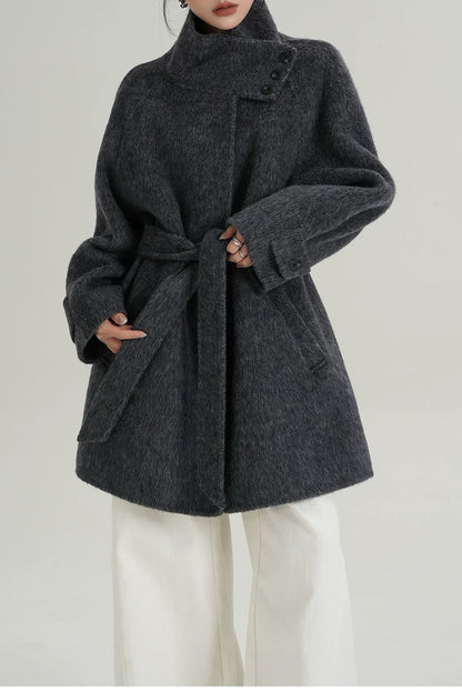 Wool Warm Loose Mock-neck Coat