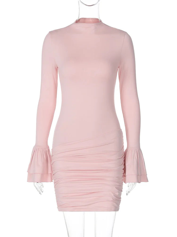 Pleated High Waist Mini Dress Female Ruffled Patchwork Slim Commute Long Sleeve Dress ’s Dress