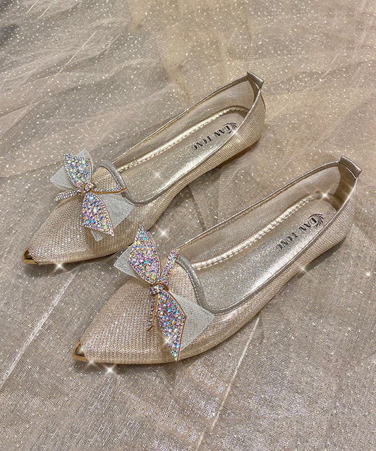 Summer New Champagne Bow Zircon Pointed Flat Shoes