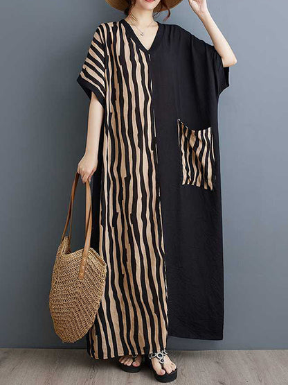 A-line Batwing Sleeves Contrast Color Pockets Split-joint Striped V-neck Maxi Dresses