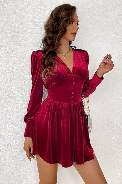 Velvet V-neck Button Slim Long-sleeve Mini Dress