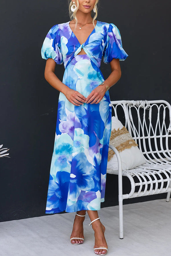 Sophia Print Satin Puff Sleeve Twist Bust Cutout Midi Dress