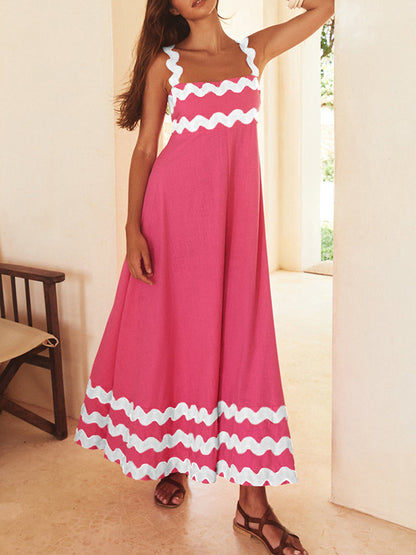 A-line High Waisted Contrast Color Zipper Square-neck Midi Dresses