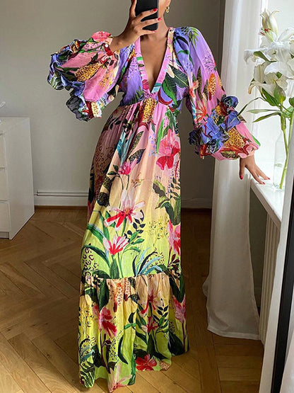 Bishop Sleeve High Waisted Flower Print Pleated Ruffled Split-joint Deep V-neck Maxi Dresses