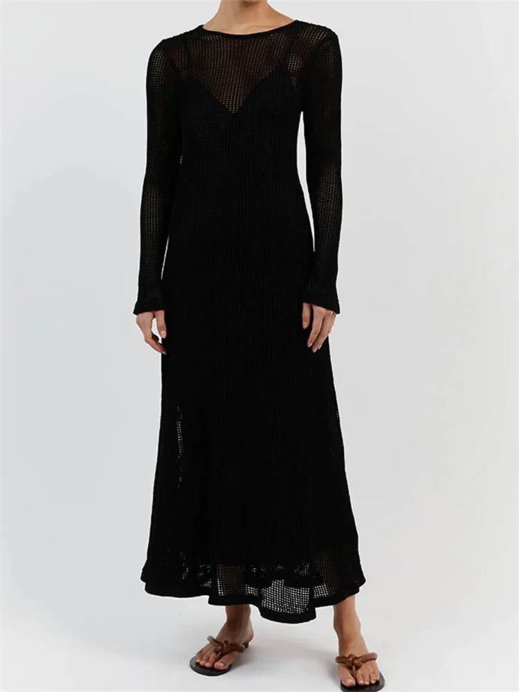 White Crochet Hollow Out Midi Dress for Long Sleeve Dress Beach Holiday See-through Summer Dress Cover-up