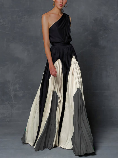 Sleeveless Asymmetric Pleated Printed One-shoulder Maxi Dresses