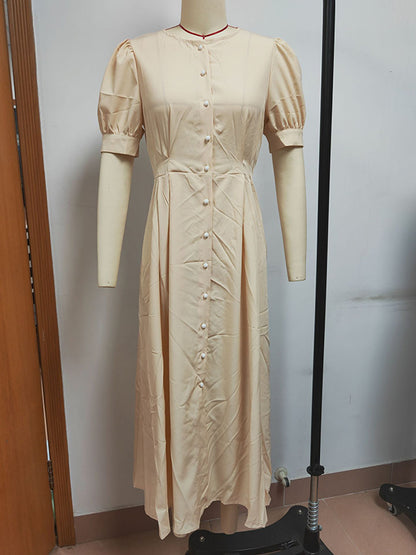Puff Sleeves Short Sleeves Buttoned Color Round-neck Midi Dresses Shirt Dress