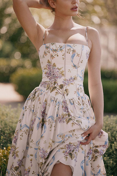 Spaghetti Strap Print Bustier A-line Maxi Dress