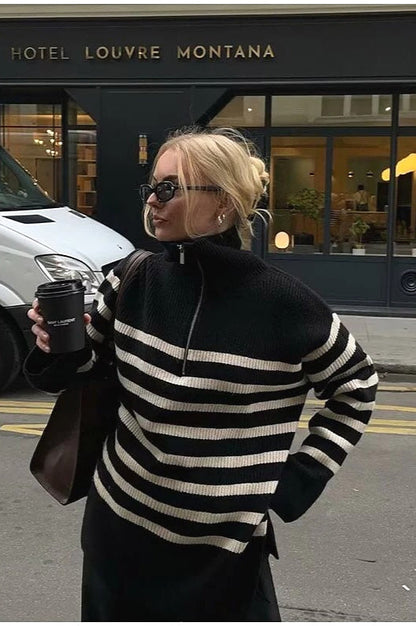 Laid-back Retro Lapel Half-zip Striped Sweater