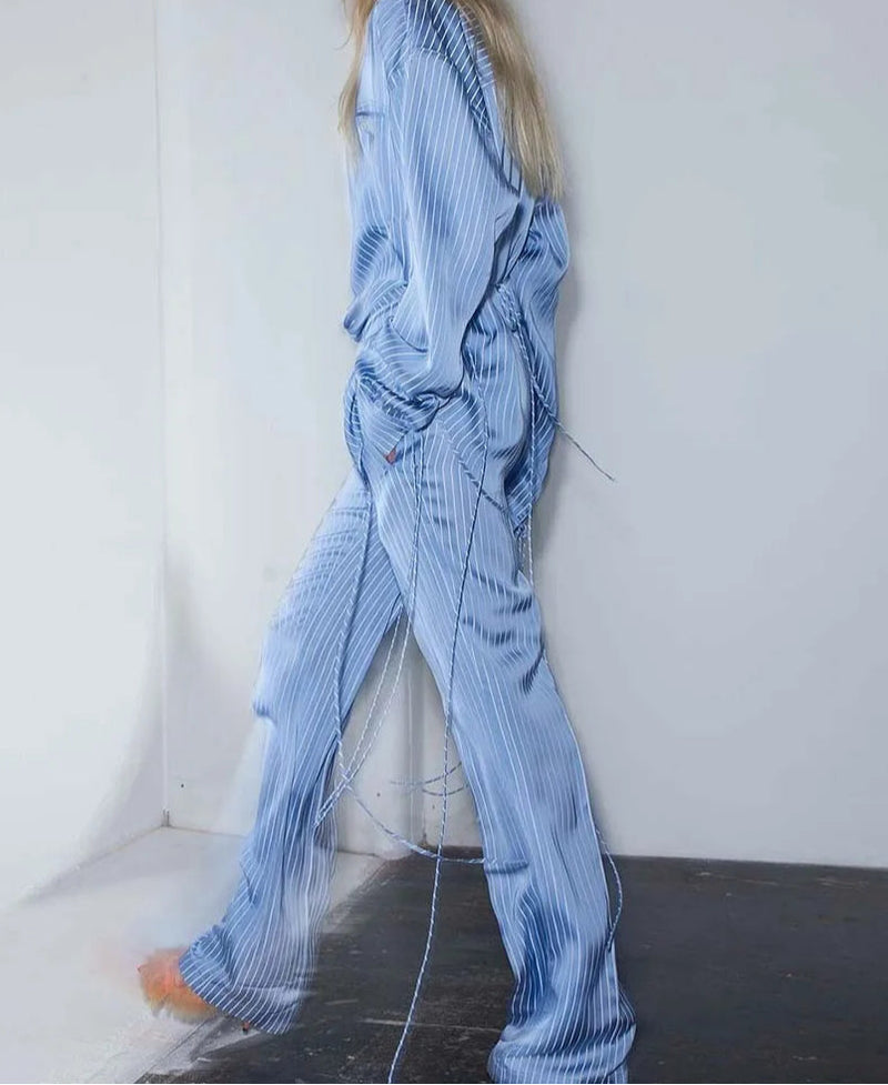 Blue Print Pockets Button Pants Office Two Piece Set