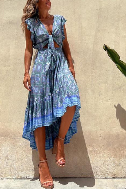 Libby Hippie Printed Tie Front Ruffle Sleeve Smocked Waist Midi Dress