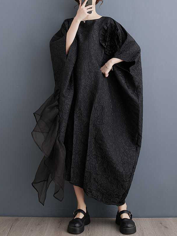 Batwing Sleeves Loose Asymmetric Flower Shape Gauze Jacquard Pleated Color Split-joint Round-neck Midi Dresses