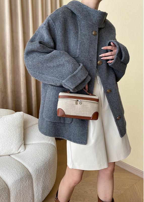 Wool-blend Buttoned Coat With Stand Collar