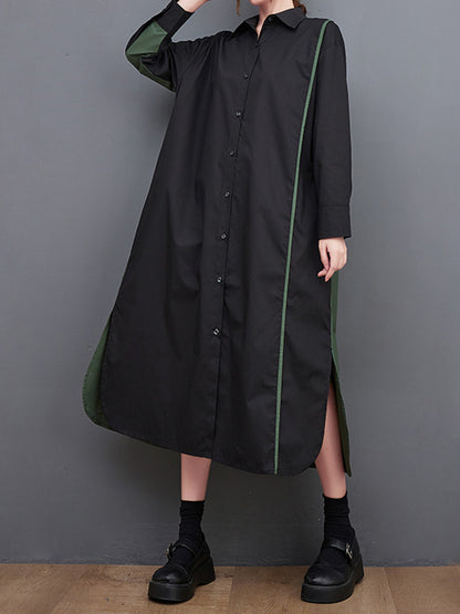Long Sleeves Loose Asymmetric Buttoned Split-joint Split-side Lapel Midi Dresses Shirt Dress