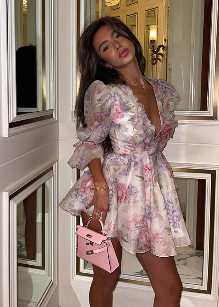Ruffle Puff Sleeve Mini Dress – Deep V Fit and Flare Party Dress