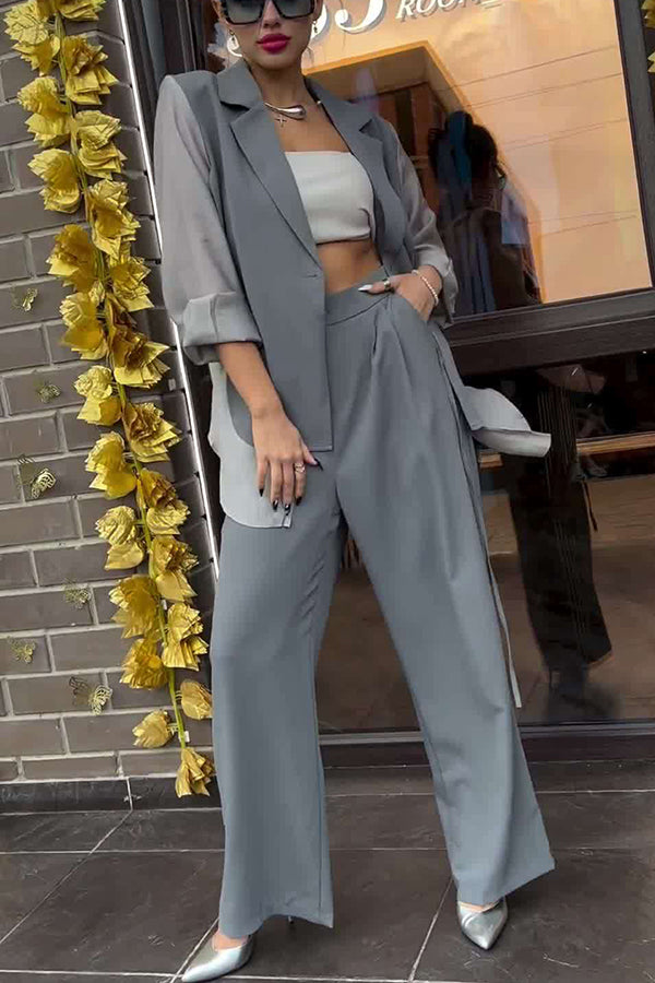 And Chiffon Patchwork Irregular Lace-up Jacket and Pocketed Straight-leg Pants Set