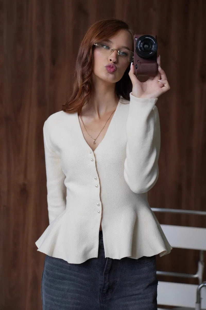Fitted Ruffled Hem Long Sleeve Knit Cardigan