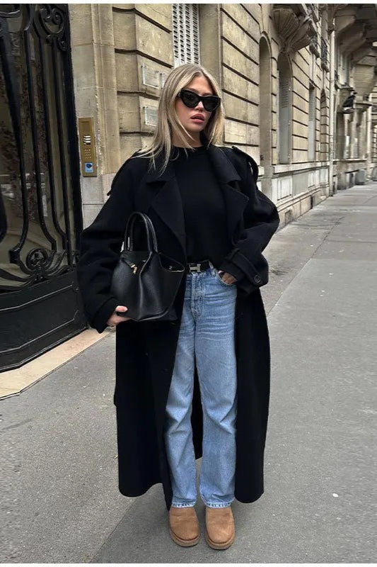 Turn-down Collar Double-breasted Long Overcoat