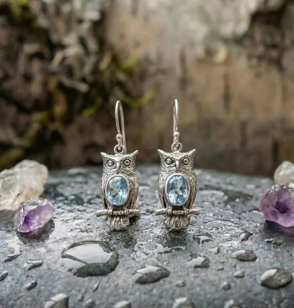 Vintage Carving Owl Silver Earrings
