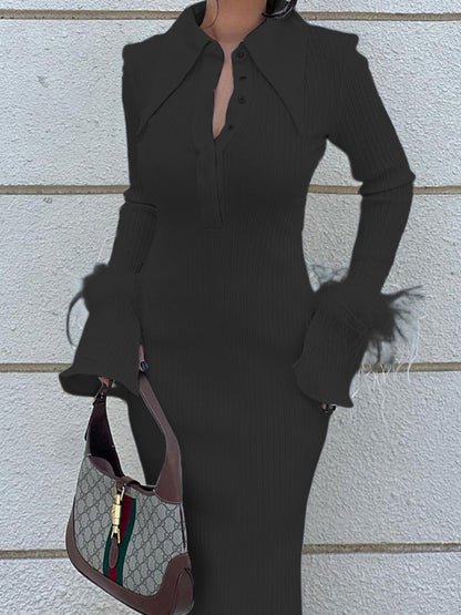 Skinny Feathers Slightly Sheer Split-joint Lapel Maxi Dresses