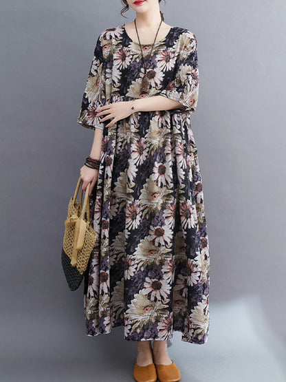 Loose Raglan Sleeve Printed Pleated Split-joint Round-neck Midi Dresses