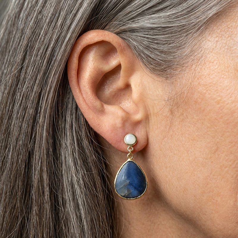 Blue Inlaid Drop Stone Pearl Earrings