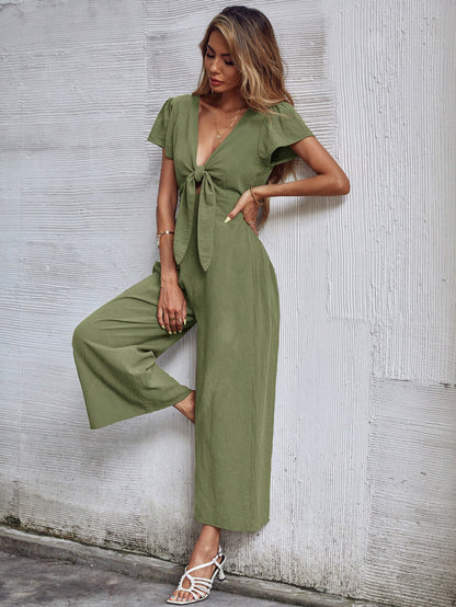 Tommy Bow Linen Blend Jumpsuit - Army Green