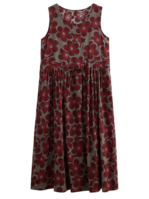 Loose Oversize Drawstring Printed Round-neck Midi Dresses