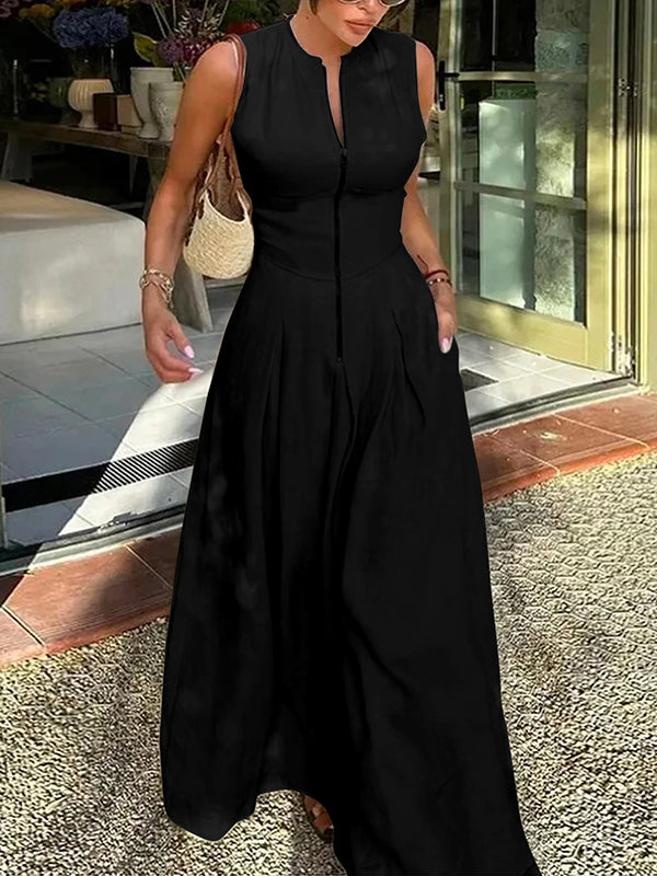 A-line Loose Pleated Pockets Split-joint Zipper Round-neck Maxi Dresses