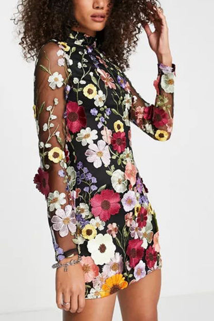 Elegantly Enchanted Applique Backless Long Sleeve Mini Dress