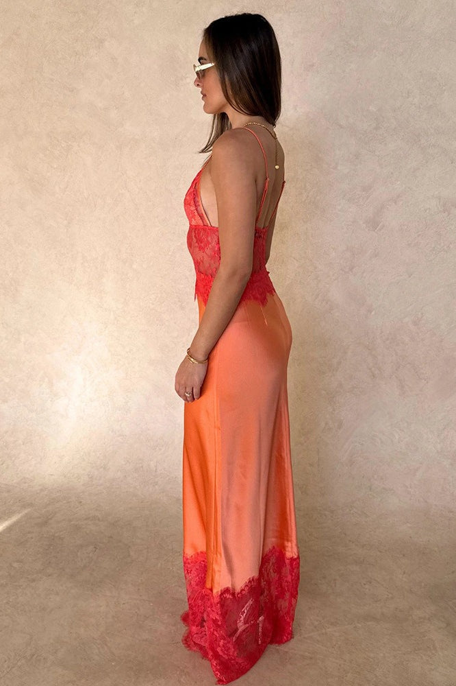 Deep V Sheer Lace Patchwork Maxi Dress