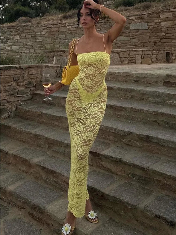 Yellow Printed See-through Maxi Dress Female Backless Slim High Waist Halter Dresses Bandage Spaghetti Dress