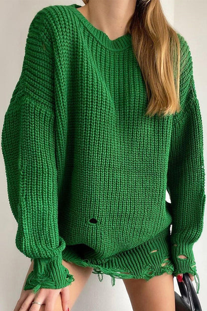Color Loose Ripped Knitted Mid-length Sweater