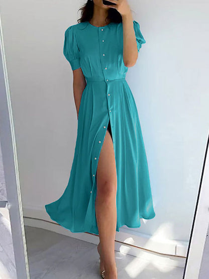High Waisted Loose Buttoned Round-neck Midi Dresses
