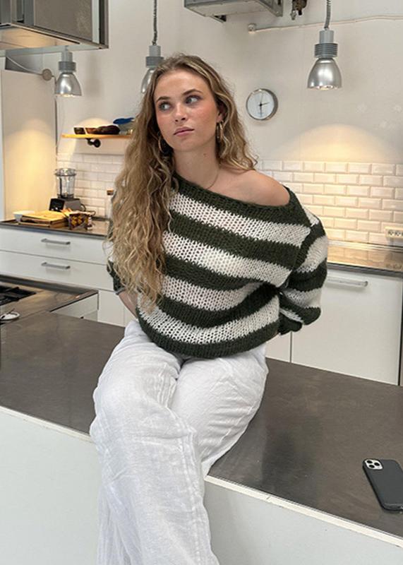 Relaxed Striped Knit Off-shoulder Sweater