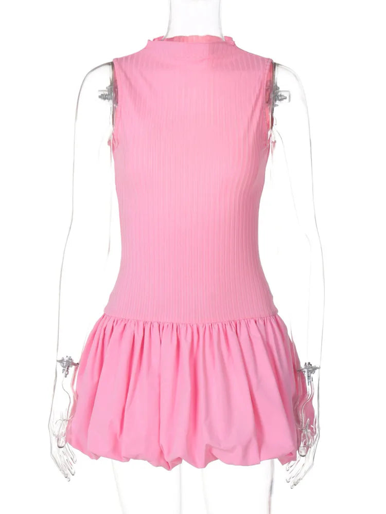 Fantoye Patchwork Backless Pleated Dress Pink Sleeveless Round Neck Mini Dress Summer Slim Outdoor