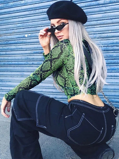 Green Snake Print T Shirt Mesh Top Long Sleeve Transparent Snakeskin Female T-shirt High Neck Crop Tops